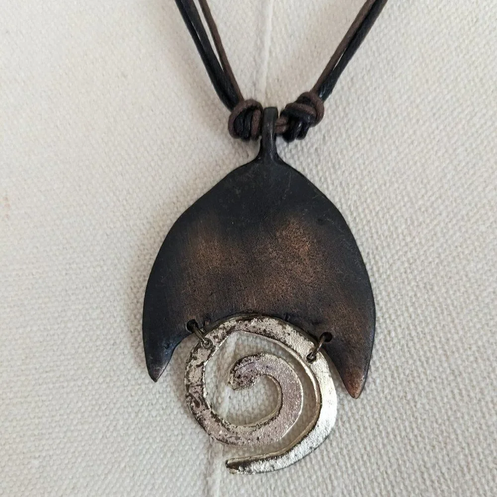 Unique Handmade Necklace - Bronze - Gold - Spiral - Leather Band
